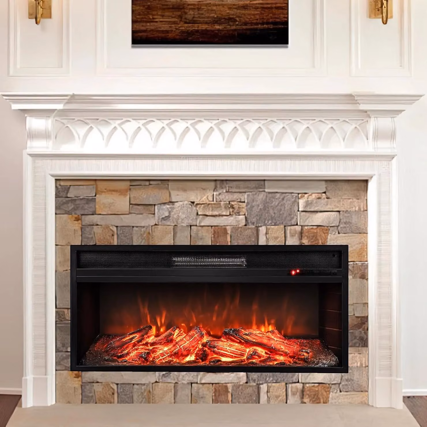 Gymax Black Recessed Electric Fireplace with 1800W Heating and 9-Level Flame Control, Width: 86 cm – 6