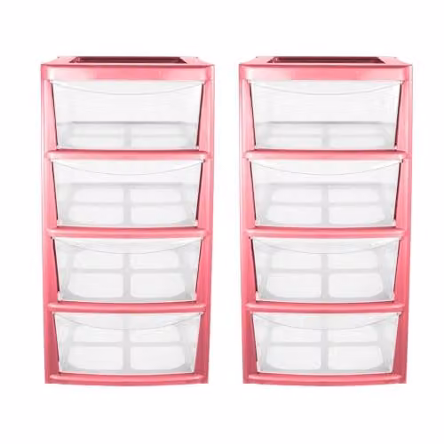 Simpa Mini 4 Drawer Plastic Storage Tower Unit, Pink, Set of 2, H 40 cm x W 19 cm x D 25.5 cm