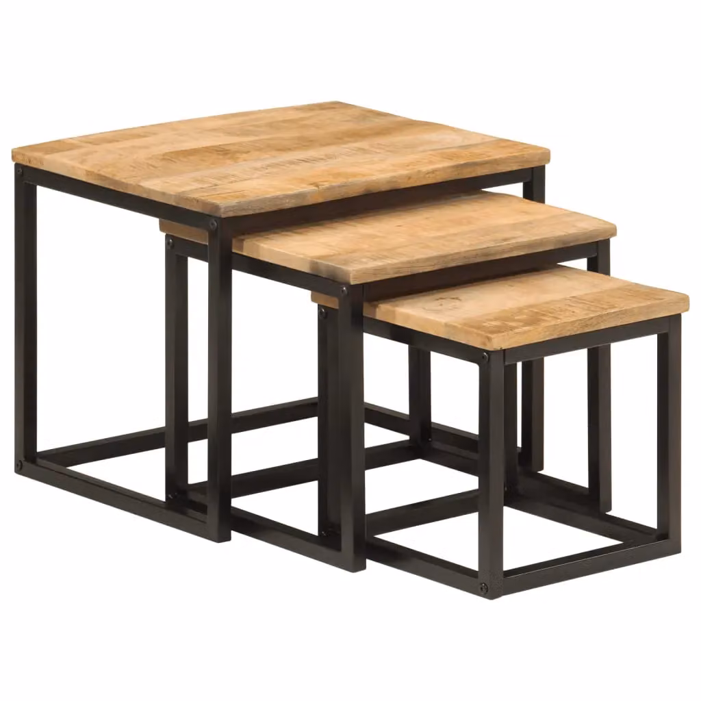 Berkfield Home Nesting Coffee Tables, 3 Piece Set in Brown Mango Wood and Iron – 6