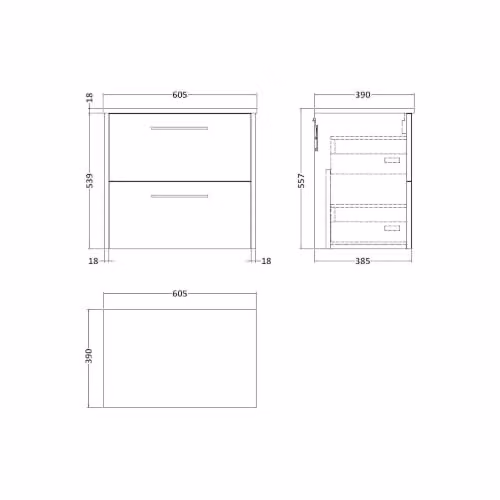 Balterley Winshill Modern Wall Mounted 2 Drawer Bathroom Vanity Unit in Matt Grey W/D/H: 60.5 x 39 x 55.7 cm – 2