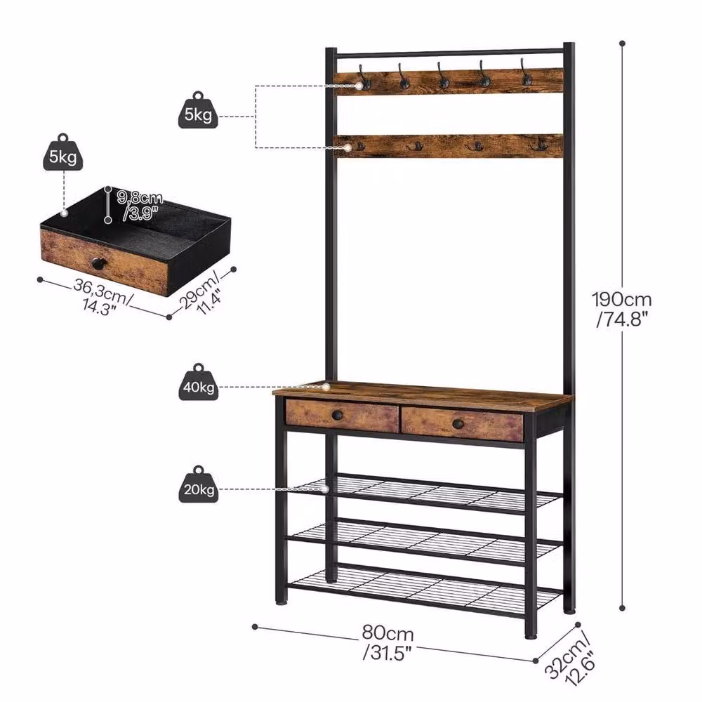 EONLION Industrial Hall Tree with Bench and Coat and Shoe Rack in Brown and Black, W/D/H: 50 x 32 x 190 cm – 2