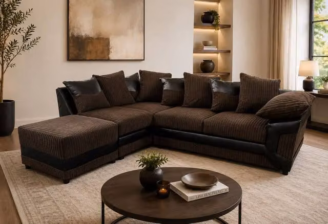 LUXURY LIFE Dino Left Hand Facing L-Shape Cord Corner Sofa in Brown, W/D/H: 235 x 94 x 90 cm – 1