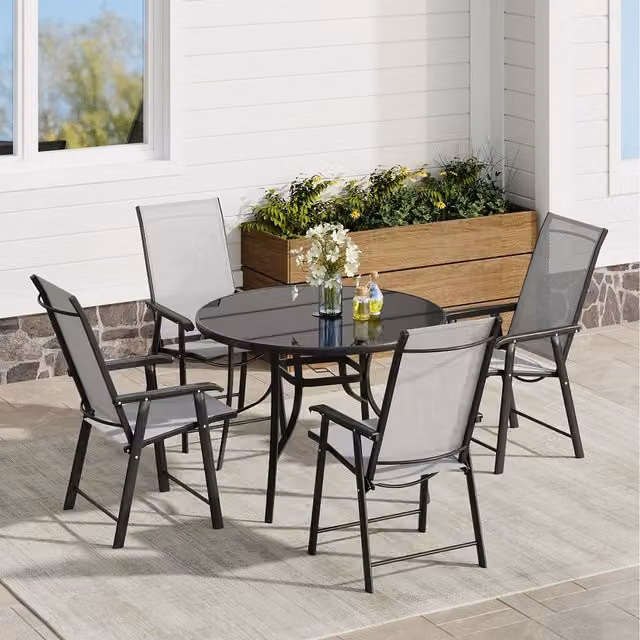 Komore Round Tempered Glass Outdoor Table and 4 Foldable Chairs Set in Black