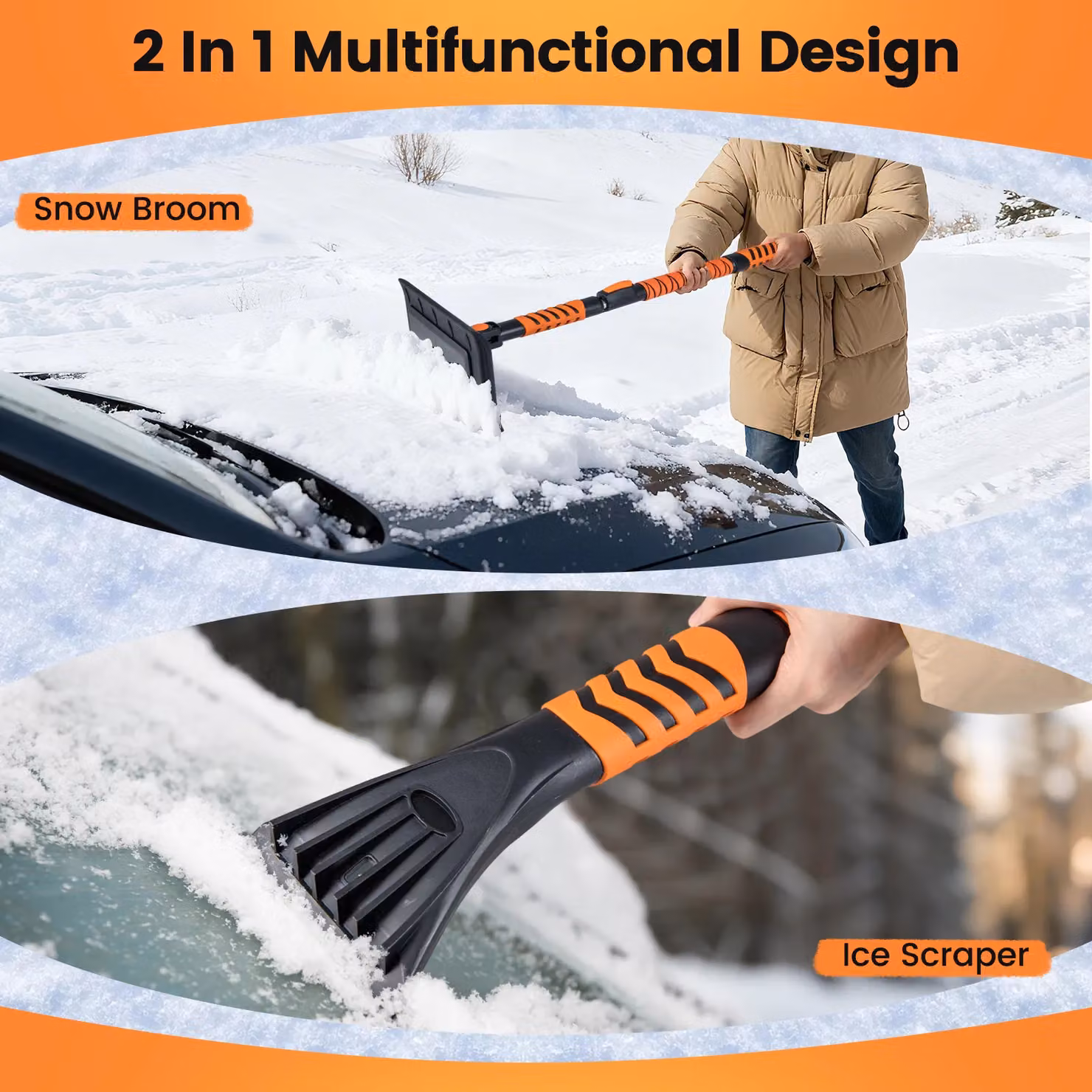 Gymax 2 in 1 Extendable Snow Shovel and Car Windshield Ice Scraper, Orange – 10