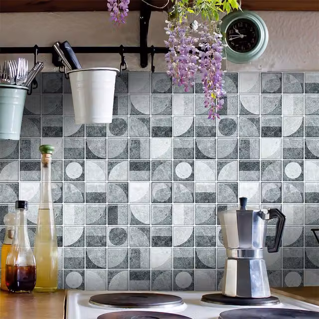 Livingandhome Set of 10 Retro Geometric Adhesive Wall Tile Stickers in Grey