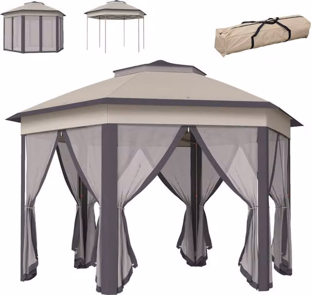 Outsunny Hexagonal Pop-Up Garden Gazebo with Double-Tier Roof and Mosquito Netting, Beige, W: 400 cm, D: 340 cm, H: 285 cm