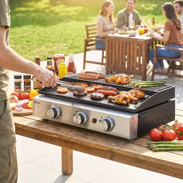 Outsunny Tabletop Gas Burner Grill and Griddle with Warming Rack, Black