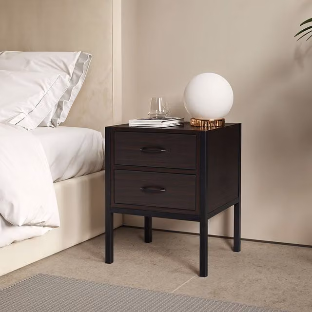 Komore Industrial Two-Drawer Bedside Table with Metal Frame in Brown and Black