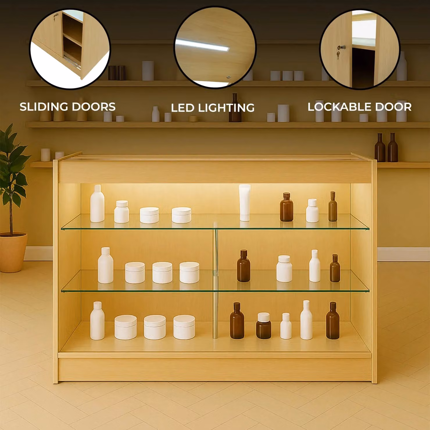 Monstershop K1500 LED Retail Shop Counter in Maple and Beige with Glass Doors and Integrated Lighting – 2