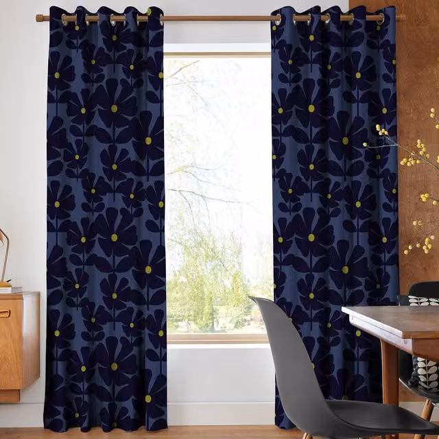 Orla Kiely Wildflower Made To Measure Blackout Eyelet Curtains in Blue and Purple Cotton
