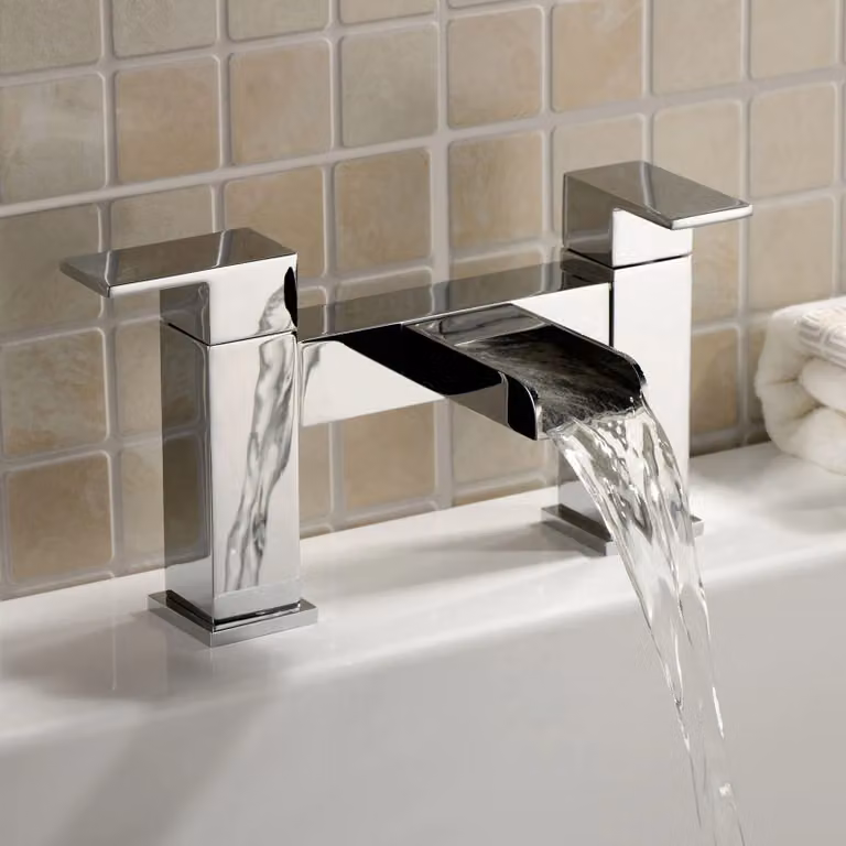 Nes Home Ozone Waterfall Brass Chrome Modern Cloakroom and Bath Filler Mixer Tap with Pop-up Waste in Silver