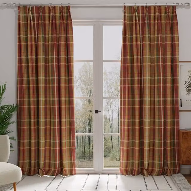Terrys Galloway Made to Measure Rustic Checked Blackout Fabric Panel Curtains in Red and Multicolour
