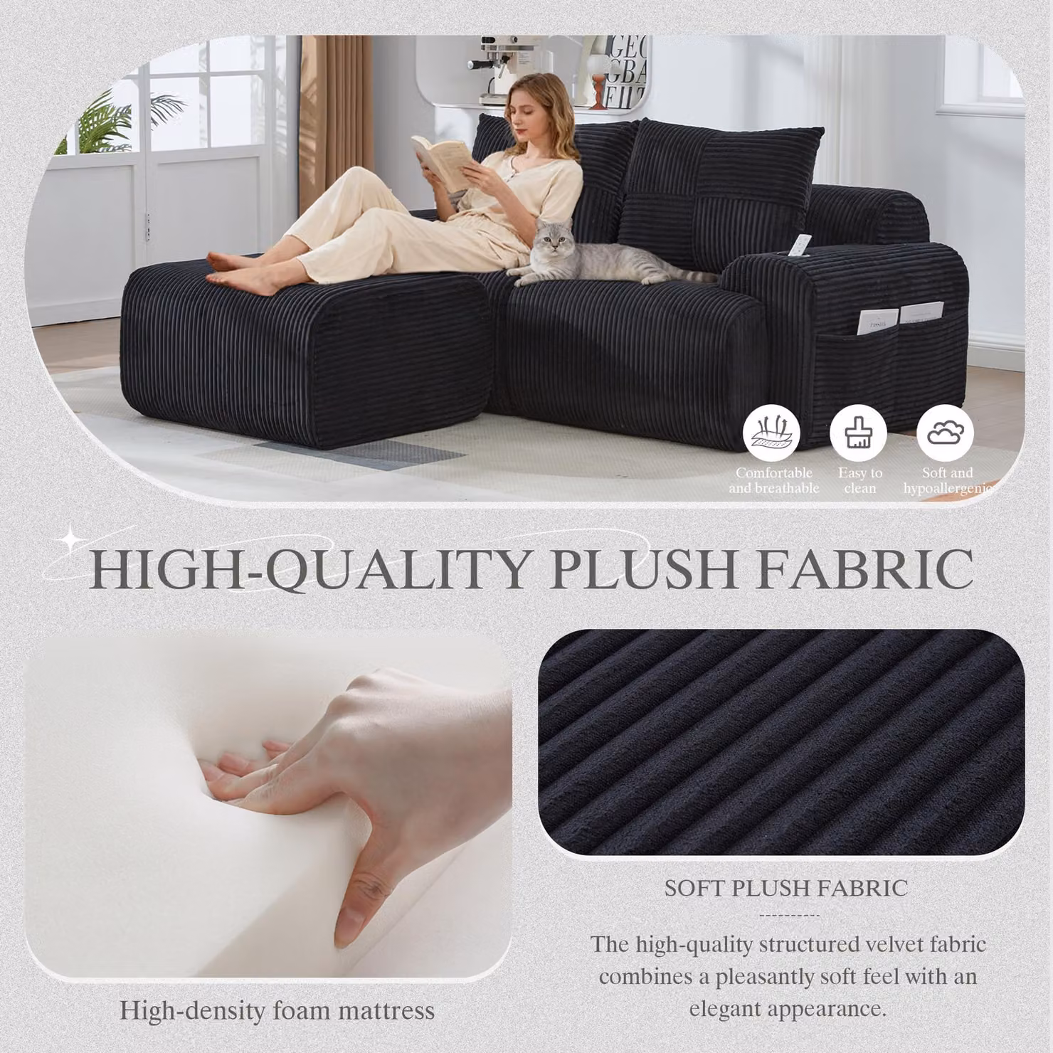 Aosom UK Modular 2-Seater L-Shape Sofa in Black Corduroy with Foam-Filled Plush Seats and Built-In Cup Holder, W/D/H: 174 x 200 x 80 cm – 4
