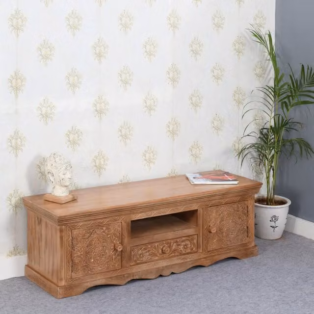 IH Design Shabby Chic Floral Carved Mango Wood TV Cabinet in Brown and White