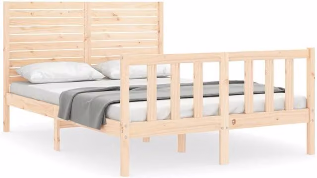 Berkfield Home Solid Wood Bed Frame with Headboard in Beige, W: 140 cm, D: 190 cm