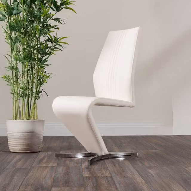 FurnitureboxUK Set of 2 Willow Contemporary Z Shaped Faux Leather Dining Chairs with Silver Chrome Metal Legs in White