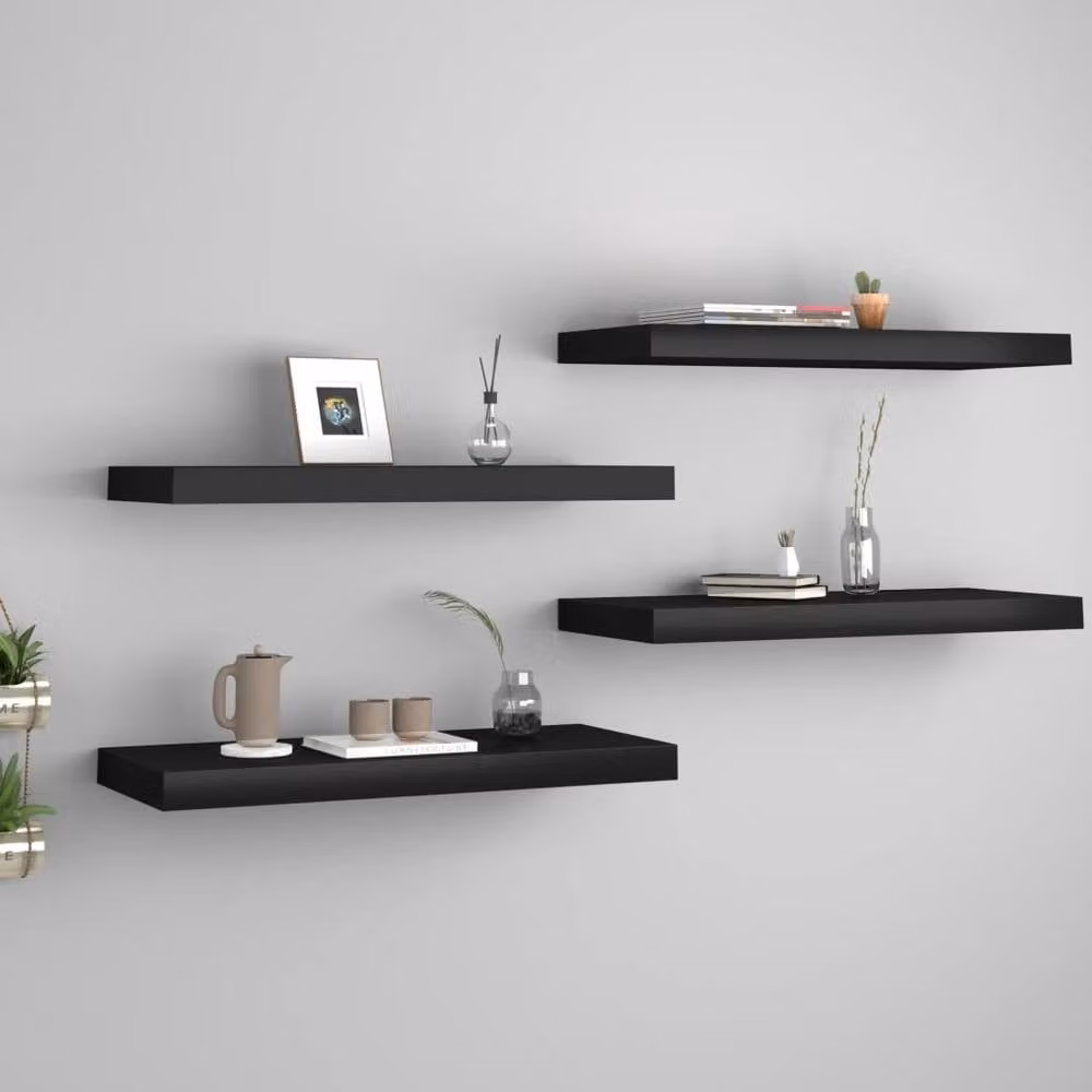Berkfield Home Set of 4 Durable Floating Wall Shelves in Black MDF, W/D/H: 60 x 23.5 x 3.8 cm – 1