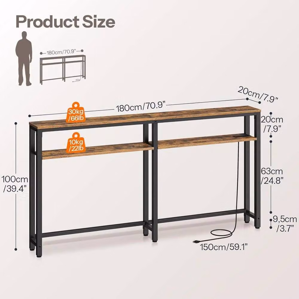 FLAVORA Industrial Wood Console Table with Charging Station in Brown, W/D/H: 180 x 15 x 100 cm – 3