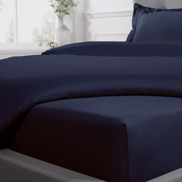 Smart Living Navy Blue 300 Thread Count 100% Cotton Mako Satin Anti-Allergy Fitted Sheet, W/D/H: 90 x 200 cm
