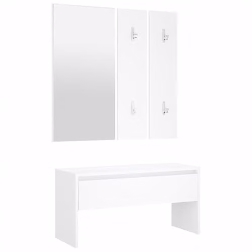 vidaXL Modern White Hallway Furniture Set with Bench, Mirror and Wall Rack in MDF – 1