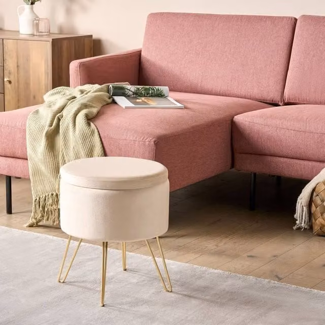 Wyld and Coco Light Beige Velvet Cylindrical Storage Pouffe with Gold Metal Legs, W/D/H: 42 x 42 x 44 cm