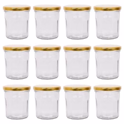 Argon Tableware Transparent Glass Jam Jars with Airtight Gold Metal Lids, 250ml, Pack of 12