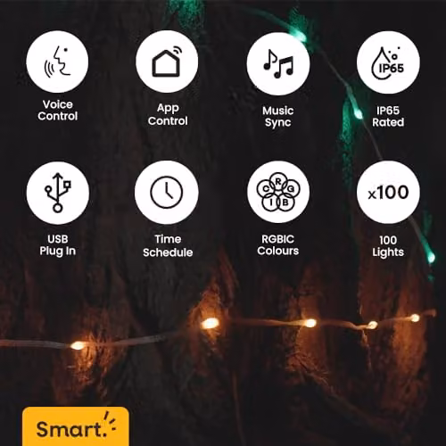 ValueLights Smart RGBIC LED Fairy String Lights, 10m Multicolour String Lights with App and Voice Control, IP65 Waterproof for Indoor and Outdoor Use – 5