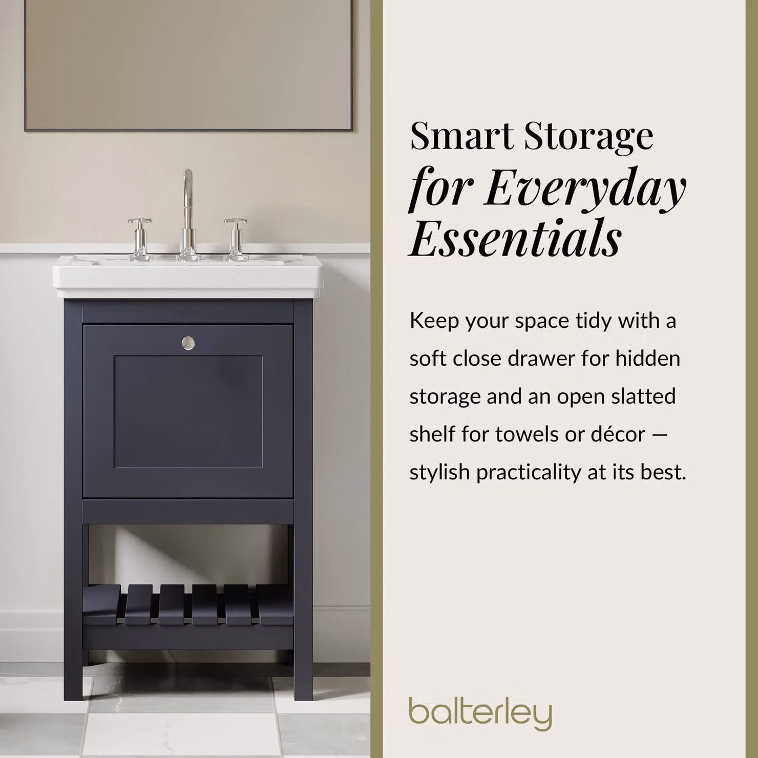 Balterley Blue 1 Drawer Bathroom Floor Vanity with 3 Tap Hole Fireclay Basin W: 53.1 cm – 4