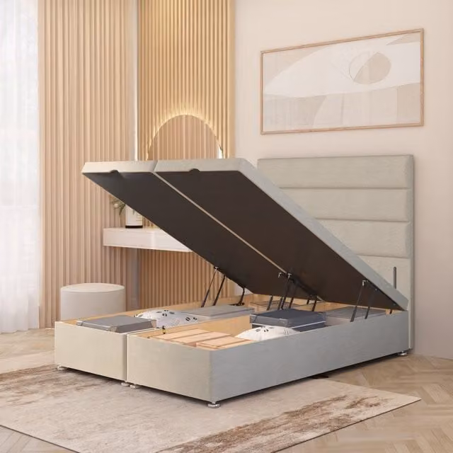 Horizona Single Storage Ottoman Bed with Lift Up Base and 54 Inch Floor Standing Headboard in Natural Tweed Fabric