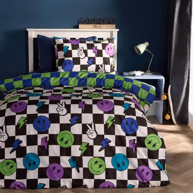 OHS Kids Checkerboard Reversible Bedding Set with Duvet Cover and Pillowcase, Multicolour, Double, W: 140 cm, L: 200 cm – 1