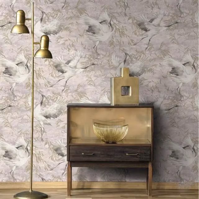 Sarus Graceful Birds Textured Scrubbable Paste The Wall Wallpaper in Pink, Grey, Beige and Gold