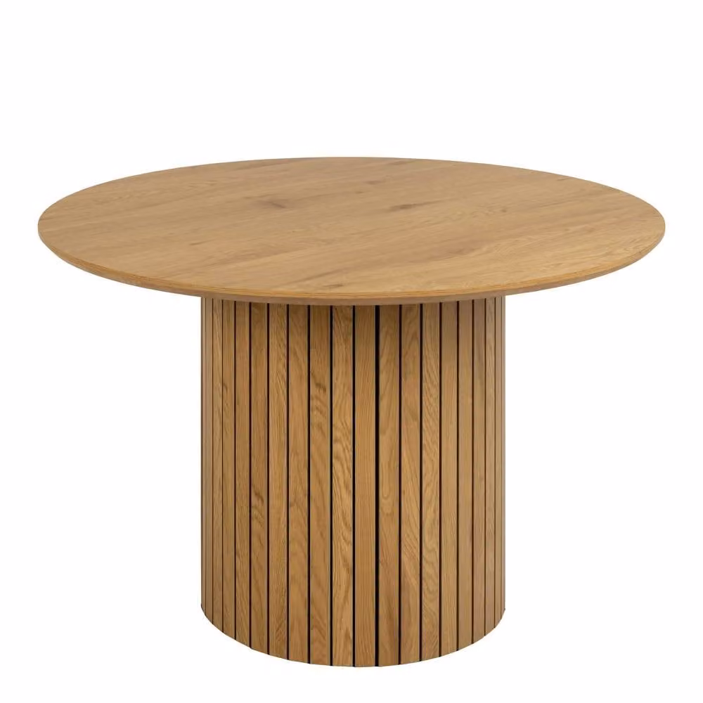 Wyld Haus Rome 4 Seater Round Wild Oak Effect Dining Table with Lamella Pillar Base in Natural Brown, Diameter: 120 cm, Height: 75 cm – 2