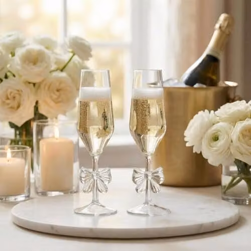 OHS Set of 2 Transparent Plastic Bow Champagne Flutes
