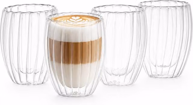 Eden & Willow Set of 4 Transparent Ribbed Double Walled Glass Coffee Tumblers, Height: 11.5 cm