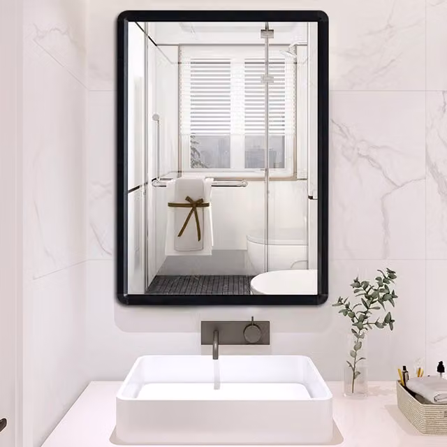 Livingandhome Modern Round Black Metal Wall Mirror, Diameter: 46.5 cm