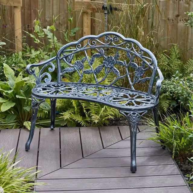 Home Source Rose Detail Metal Outdoor Garden Bench in Grey