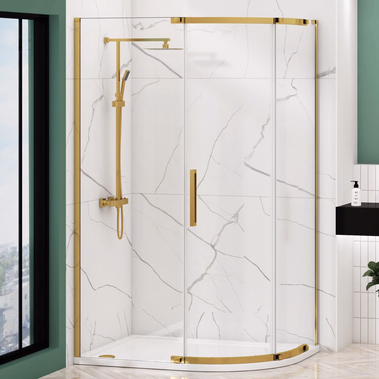 Royal Bathrooms Chelsea Single Door Offset Quadrant Shower Enclosure with RH Stone Tray, Brushed Brass, W: 120 cm, D: 80 cm, H: 195 cm