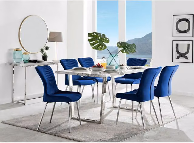 FurnitureboxUK Kylo White Marble Effect Dining Table and 6 Nora Blue Chairs with Silver Legs