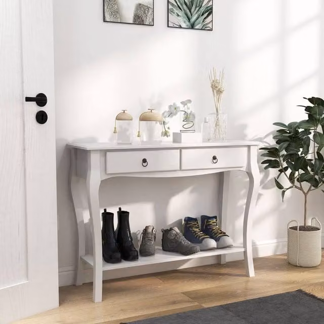 STILVORA Modern Ivory Console Table with 2 Drawers and Shelf