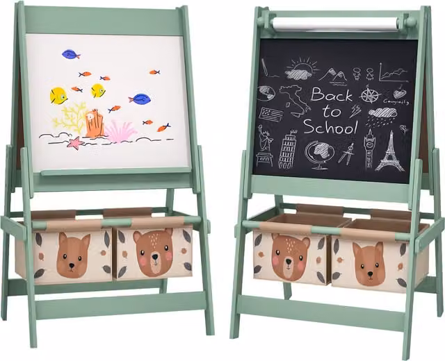 AIYAPLAY 3-in-1 Kids Easel with Paper Roll, Magnetic Whiteboard and Chalkboard with Storage Tray, Green