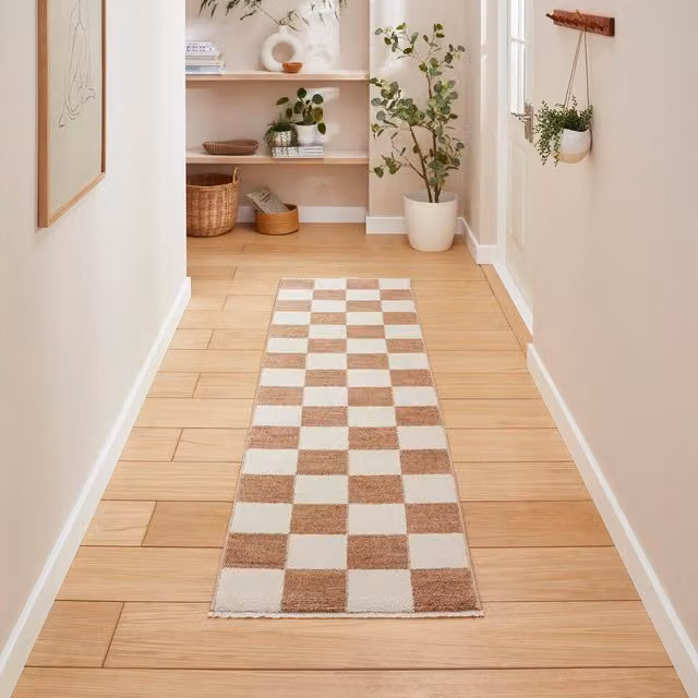 Terrys Modern Checkerboard Polyester Runner Rug in Beige, W: 60 cm, L: 230 cm