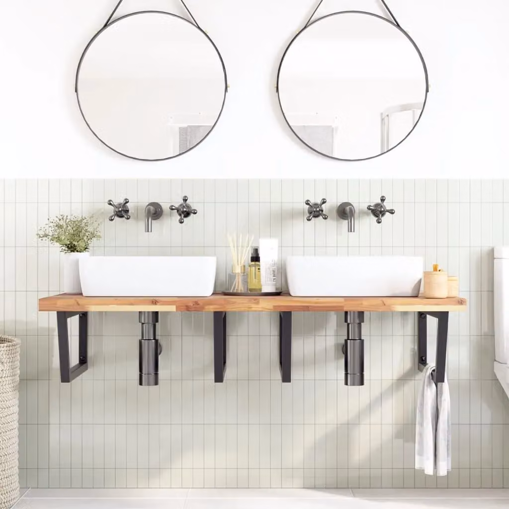 Berkfield Home Wall Mounted Basin Shelf in Brown Steel and Solid Acacia Wood – 2