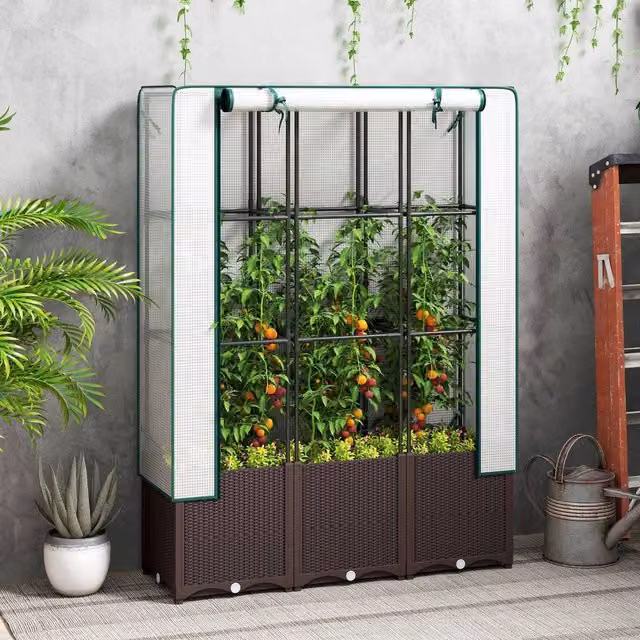 OUTSUNNY Brown Plastic Raised Bed Vegetable Planter with Trellis, W/D/H: 120 x 40 x 140 cm – 1