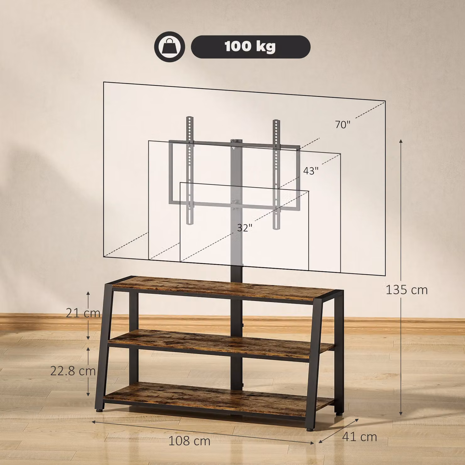 HOMCOM Industrial Brown TV Stand Cabinet with Swivel Bracket for 32 to 70 Inch TVs – 3