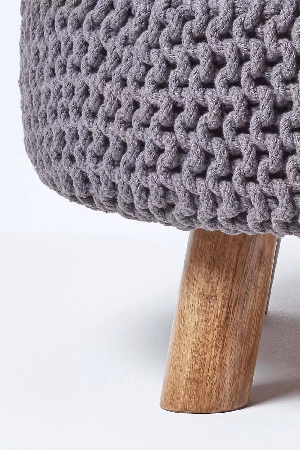 Homescapes Large Round Grey Cotton Knitted Footstool with Wood Legs – 2