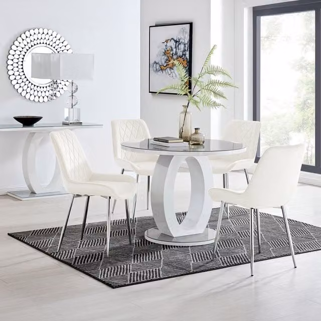 FurnitureboxUK Giovani Round Grey Glass Dining Table with 4 Pesaro Cream Chairs and Silver Legs