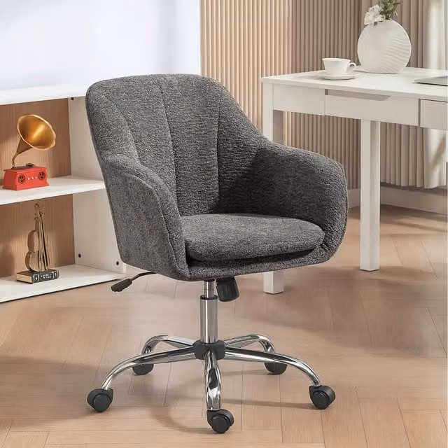 HOMCOM Modern Grey Snow Flannel Upholstered Task Chair with Armrests and Castors for Home Office