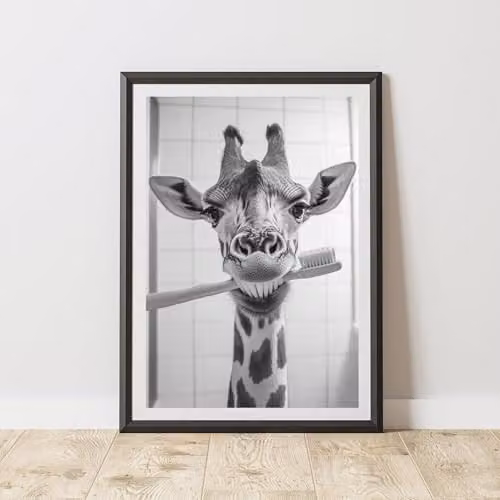 60 Second Makeover Funny Giraffe Toothbrush Paper Poster Print, Black and White, A3