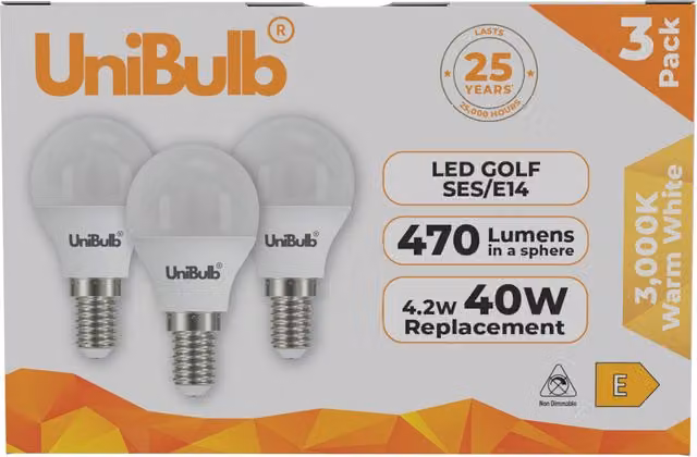 UniBulb LED Golf Ball E14 Warm White Light Bulb, 470lm, 3000K