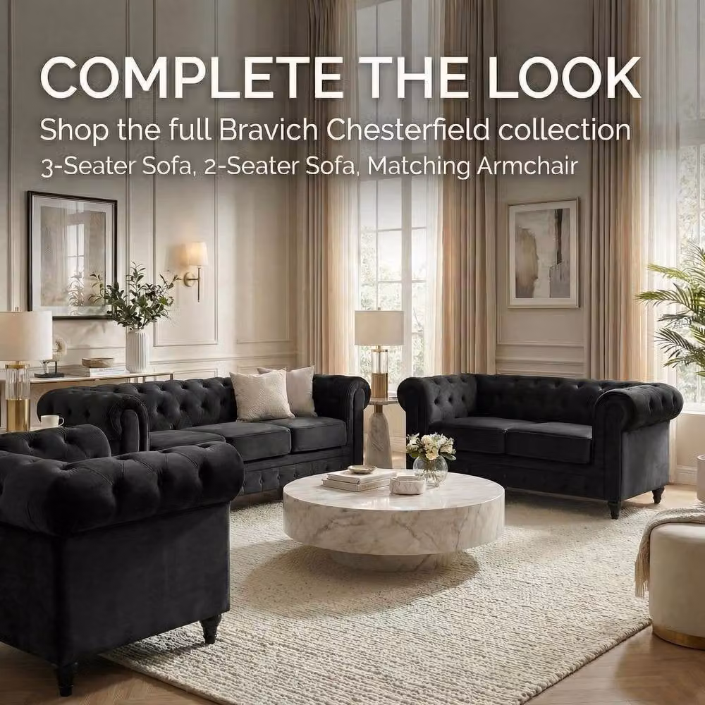 Bravich LTD Chesterfield Scroll Arm Velvet Sofa with Buttoned Back in Black, 2 Pack – 7